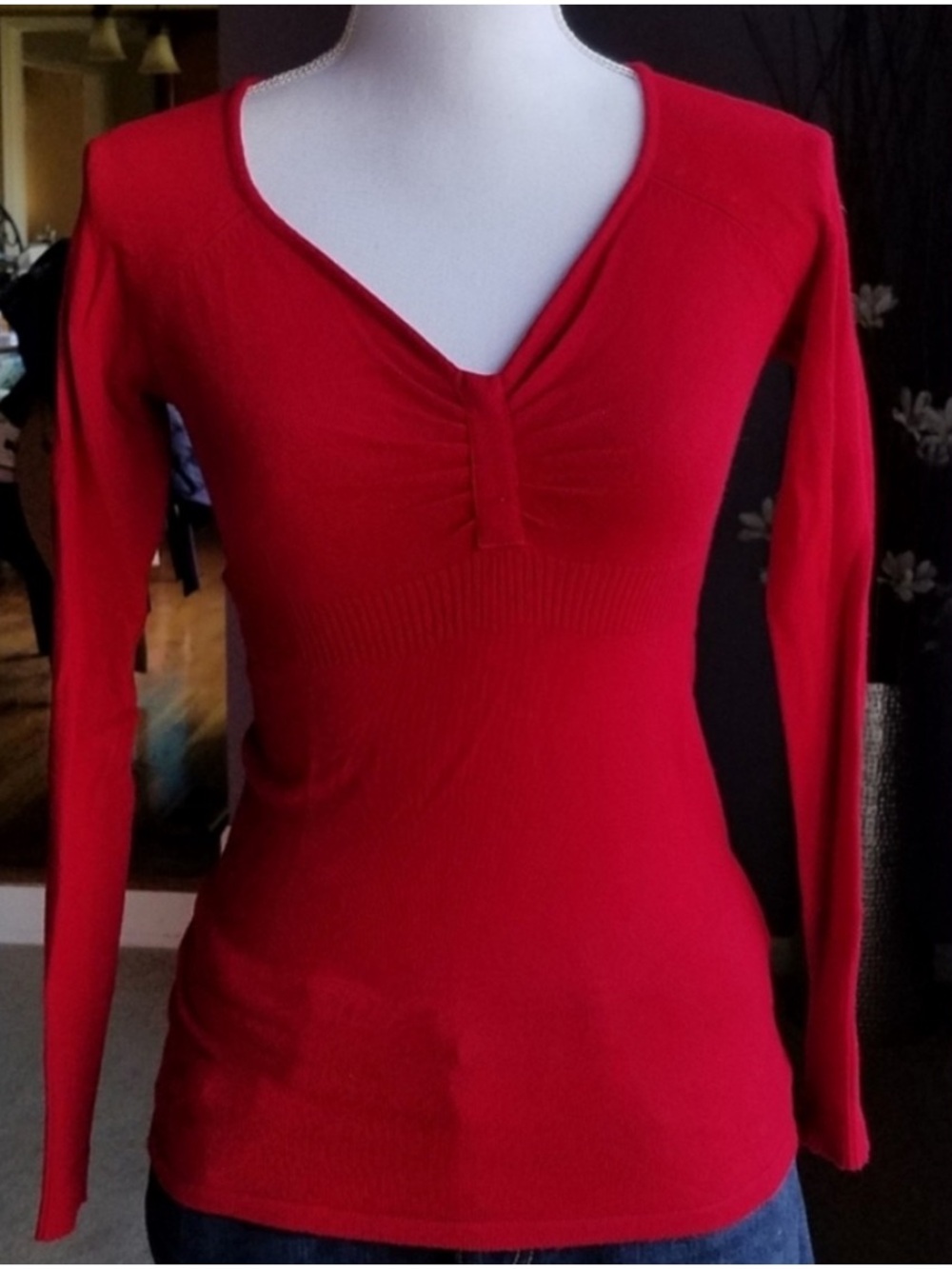Sexy Fitted Red V-neck Knit Sweater from Europe - Small